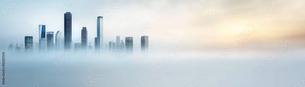 Fototapeta premium City skyline emerging from mist at dawn, showcasing unique architecture and tranquil atmosphere for serene urban themes.