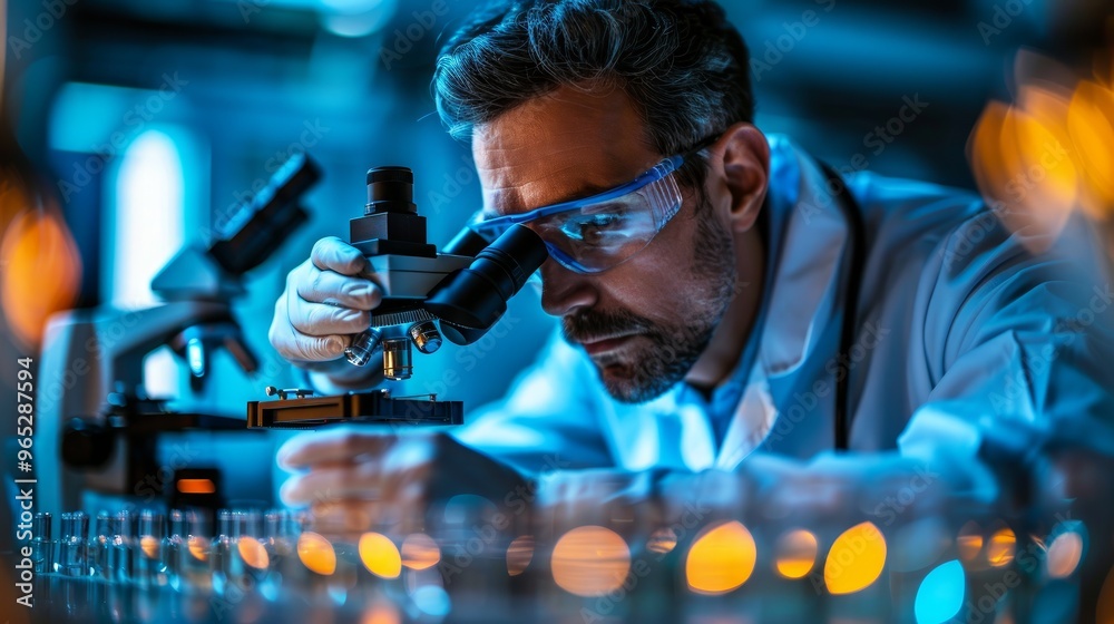 Scientist analyze biochemical samples in advanced scientific laboratory. Medical professional use microscope look microbiological developmental of viral. Biotechnology research in science lab. Scientist analyze biochemical samples in advanced scientific laboratory. Medical professional use microscope look microbiological developmental of viral. Biotechnology research in science lab.
