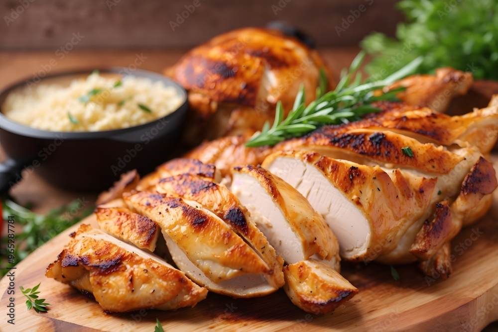 Cutting board with delicious sliced turkey fillet and vegetables on table
Cutting board with delicious sliced turkey fillet and vegetables on table
