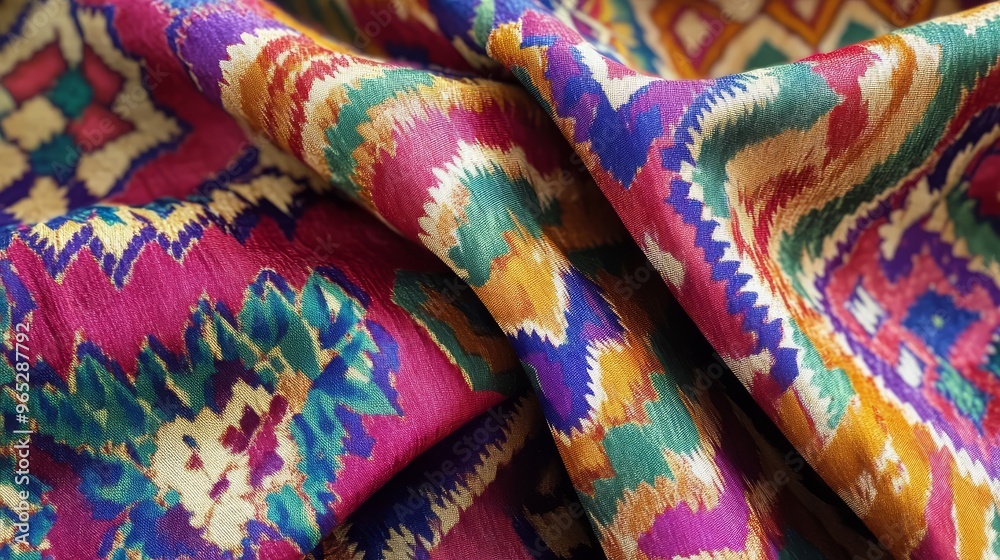 Captivating silk fabric featuring traditional ikat elements with stunning geometric shapes in rich colors and gentle texture.