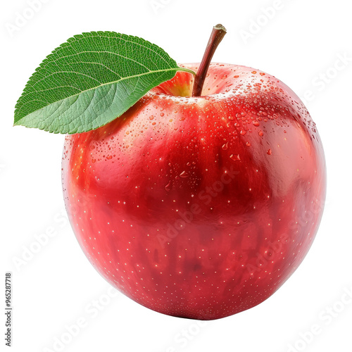 Fresh red apple with droplets of water and green leaf close-up, showcasing its natural shine and ripe appearance photo