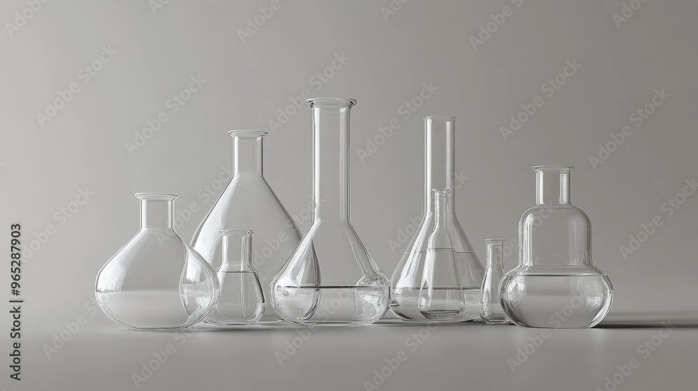 A set of chemical flasks placed on a solid grey background, softly lit to highlight their glass structure. A set of chemical flasks placed on a solid grey background, softly lit to highlight their glass structure.