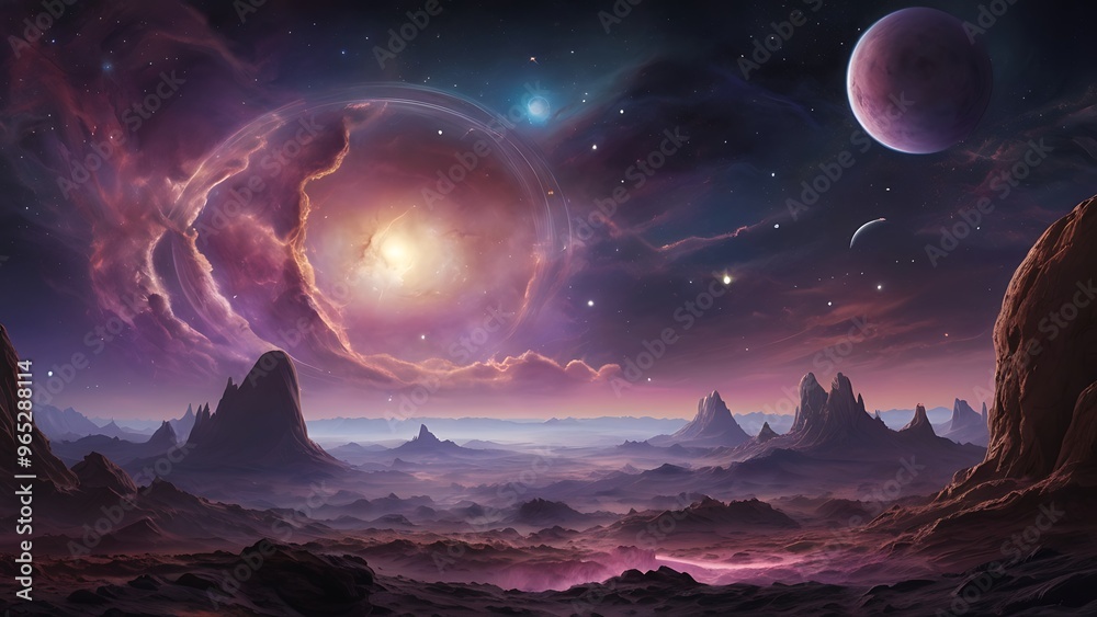 Digital artwork of a cosmic scene, featuring a vast and colorful nebula with swirling clouds of gas and dust in shades of purple, pink, and blue. Digital artwork of a cosmic scene, featuring a vast and colorful nebula with swirling clouds of gas and dust in shades of purple, pink, and blue.