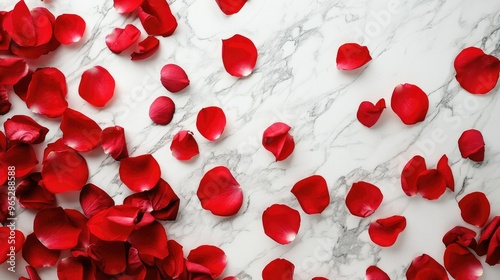 A stunning flat lay of red rose petals on a white marble backdrop, capturing elegance and romance.