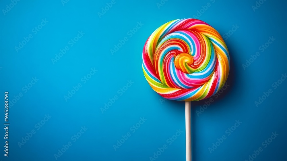 Lively spiral lollipop showcased on a bright blue surface conveys a sense of fun and sweetness, perfect for advertising seasonal treats. Lively spiral lollipop showcased on a bright blue surface conveys a sense of fun and sweetness, perfect for advertising seasonal treats.