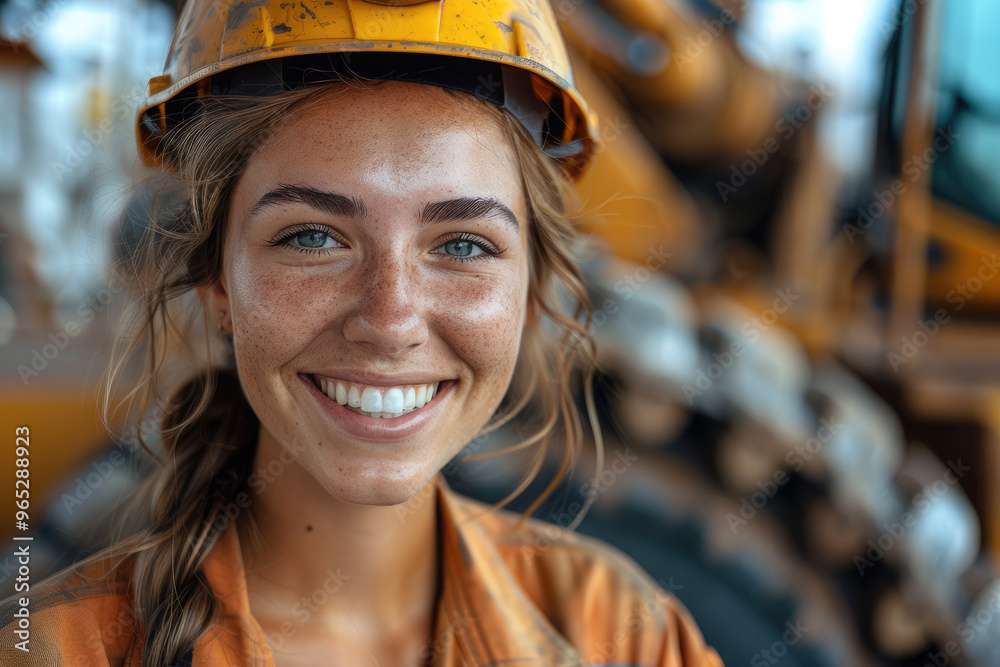 Portrait of a woman smiling with uniform and helmet in front of heavy duty machinery. Generative AI. Portrait of a woman smiling with uniform and helmet in front of heavy duty machinery. Generative AI.