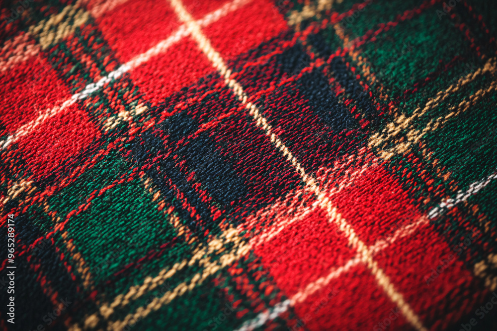 detailed close-up of soft, textured red and green plaid fabric highlights its woven fibers and cozy, rustic design detailed close-up of soft, textured red and green plaid fabric highlights its woven fibers and cozy, rustic design