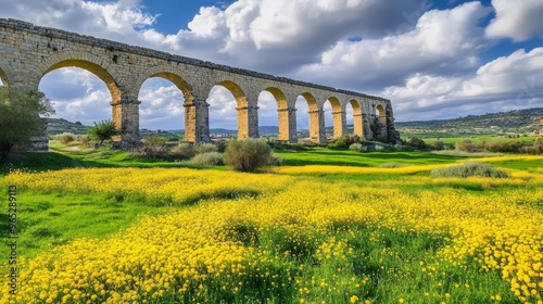 Lush green fields adorned with bright yellow blooms flourish beneath the majestic stone arches of the ancient Kamares Aqueduct in Cyprus's tranquil spring setting. photo