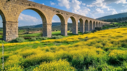In Cyprus's peaceful spring landscape, vivid yellow blossoms carpet the fertile fields below the timeworn stone arches of the Kamares Aqueduct. photo