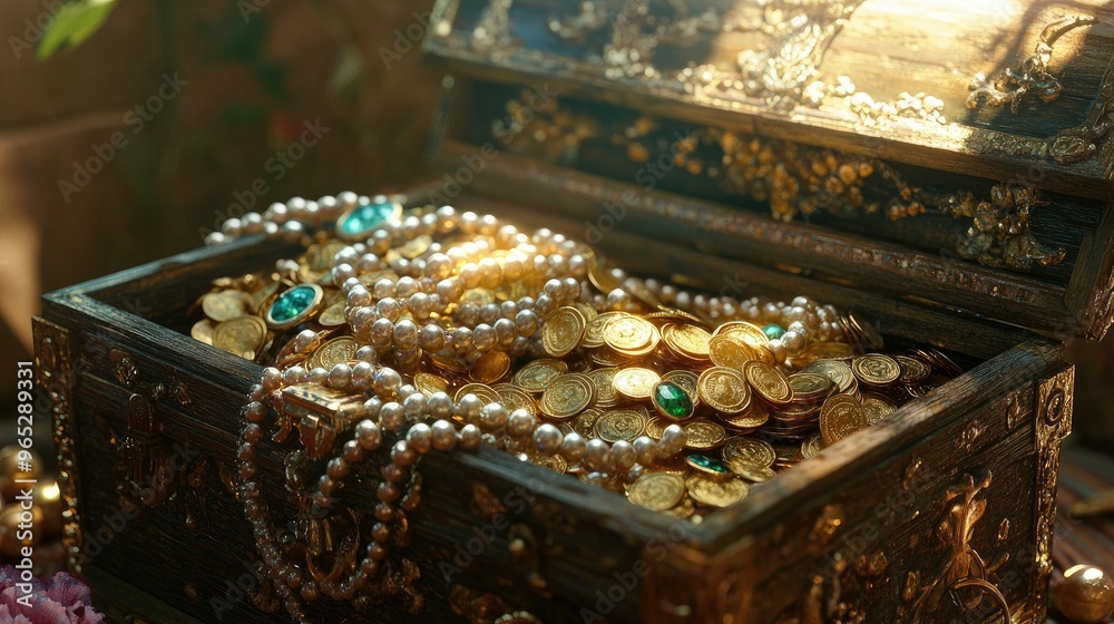 A treasure chest packed with gold coins, strings of pearls, and sparkling emeralds, the wealth spilling out and catching the light dramatically. A treasure chest packed with gold coins, strings of pearls, and sparkling emeralds, the wealth spilling out and catching the light dramatically.