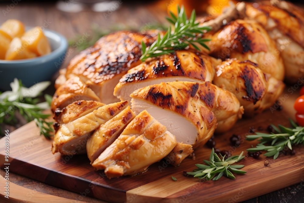 Cutting board with delicious sliced turkey fillet and vegetables on table
Cutting board with delicious sliced turkey fillet and vegetables on table
