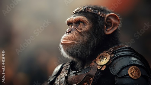 A monkey in knight armor standing gallantly in a medieval setting, embodying bravery and adventure. photo