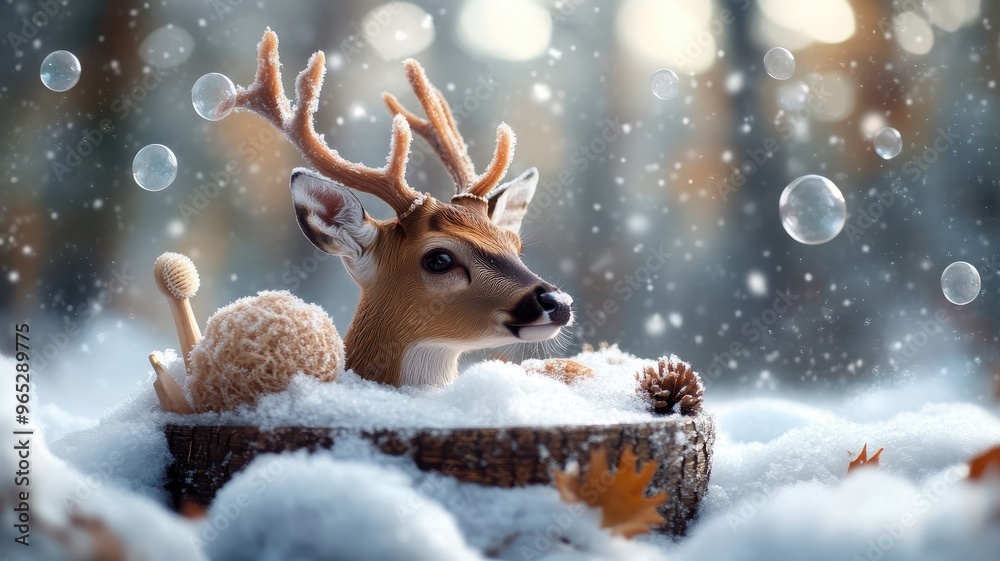 A deer enjoying a whimsical bath in a snowy clearing, with floating bubbles and luxury bath items, creating a playful and charming scene. A deer enjoying a whimsical bath in a snowy clearing, with floating bubbles and luxury bath items, creating a playful and charming scene.