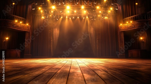 Wallpaper Mural A warmly lit theater stage, with soft lights casting a golden glow, evoking a sense of comfort and anticipation, ready for a performance. Torontodigital.ca