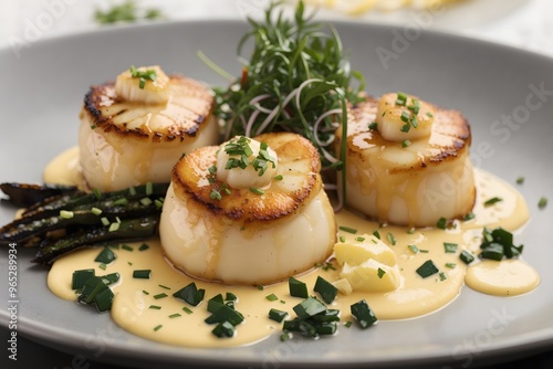 Closeup of seared scallops 