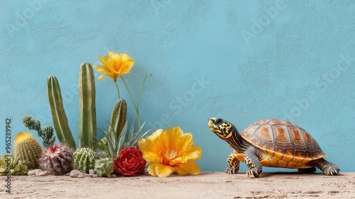 Turtle in a desert oasis with cacti and a lush garden, creating a unique contrast. photo