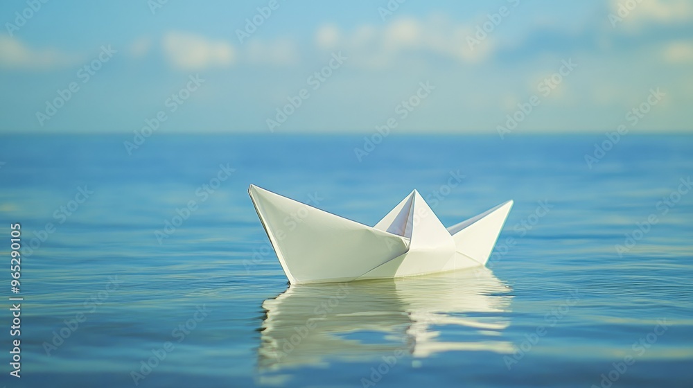 A white paper boat on tranquil ocean waters, creating a peaceful and nostalgic scene. A white paper boat on tranquil ocean waters, creating a peaceful and nostalgic scene.