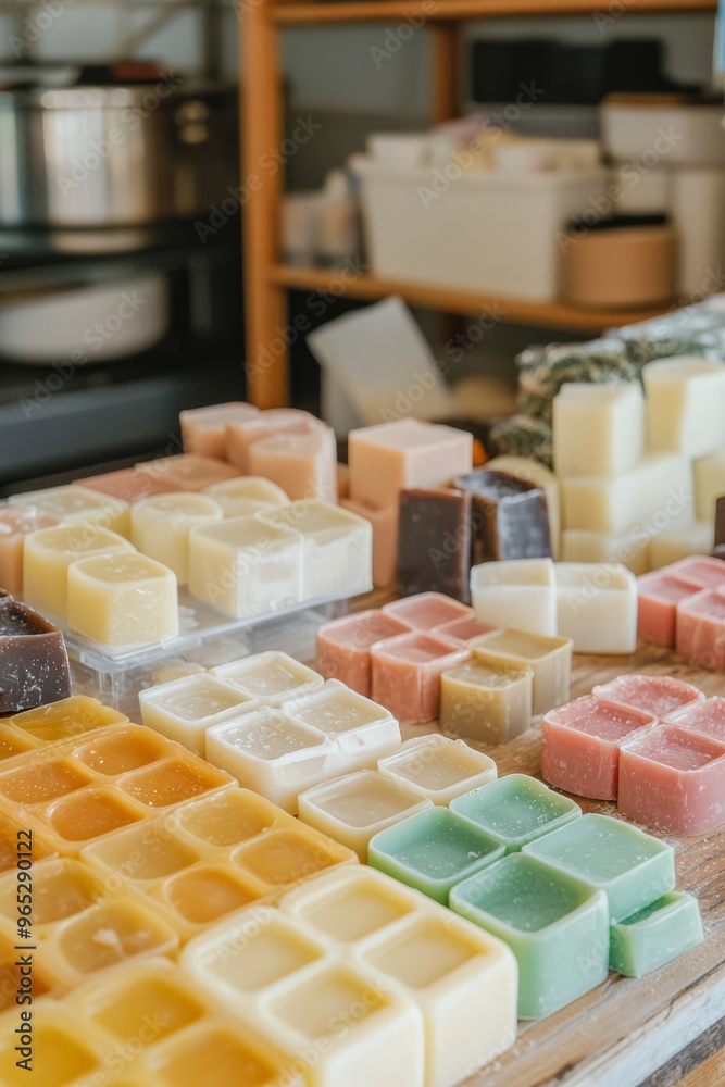A home-based craft business creating handmade soap. The kitchen is set up with molds, ingredients, and finished soap bars, Generative AI A home-based craft business creating handmade soap. The kitchen is set up with molds, ingredients, and finished soap bars, Generative AI