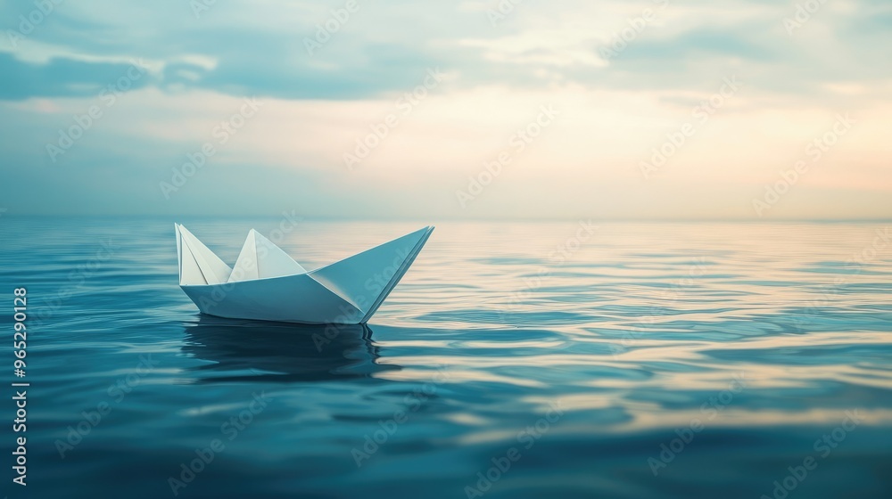 A white paper boat on tranquil ocean waters, creating a peaceful and nostalgic scene. A white paper boat on tranquil ocean waters, creating a peaceful and nostalgic scene.
