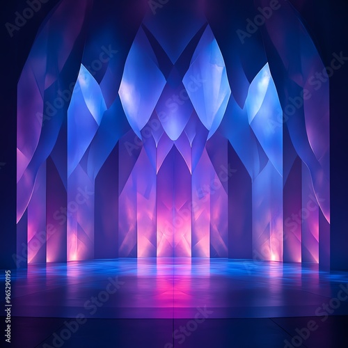 A vibrant display of colorful lights illuminating a geometric stage, creating a mystical atmosphere for performance or event. photo