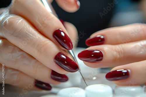 Side view of manicurist applying marsala nail polish photo