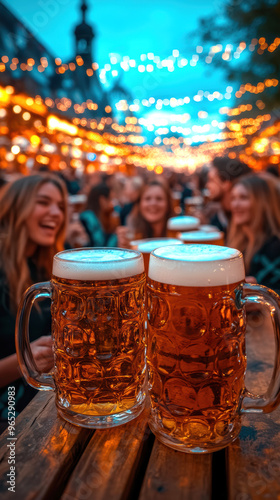 people sitting down in traditional Bavarian costumes and drinking beer at a table. AI generative.