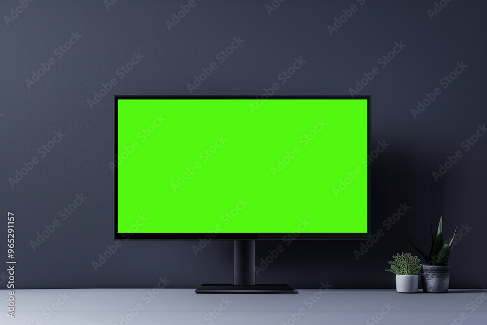 A minimalist studio shot featuring a digital screen displaying a vibrant green background. The screen is placed on a sleek black stand against a dark wall, generative ai A minimalist studio shot featuring a digital screen displaying a vibrant green background. The screen is placed on a sleek black stand against a dark wall, generative ai