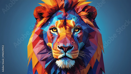 Minimalist stylized lion, geometric shapes, striking simplicity, primary colors, vivid blue background photo