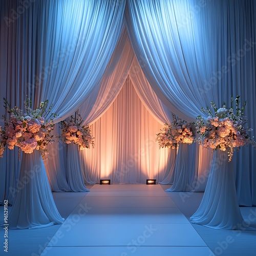 Elegant wedding backdrop featuring draped fabric and floral arrangements, ideal for ceremonies or photography.