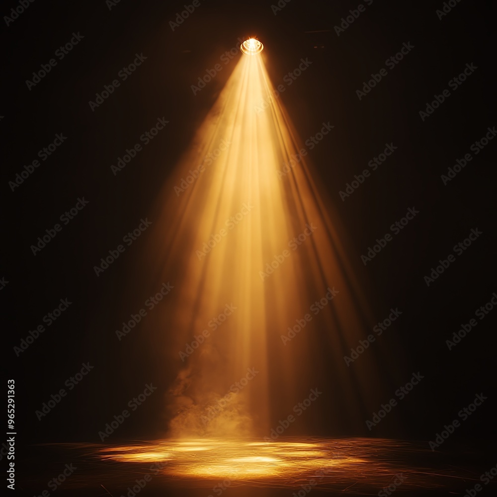 A warm golden light beam shines down from a dark ceiling, creating a dramatic and mystical atmosphere in the space. A warm golden light beam shines down from a dark ceiling, creating a dramatic and mystical atmosphere in the space.