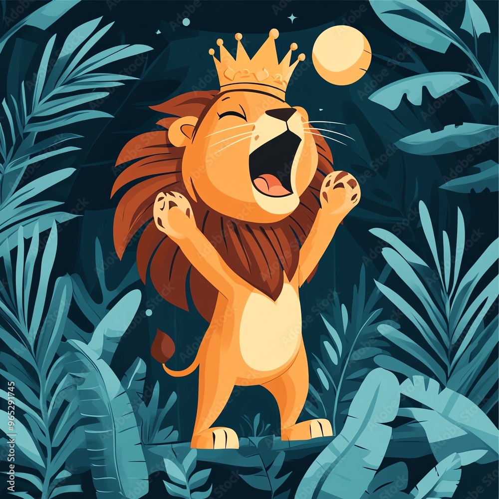 Obraz premium A cheerful cartoon lion wearing a crown, joyfully roaring amidst lush tropical foliage.