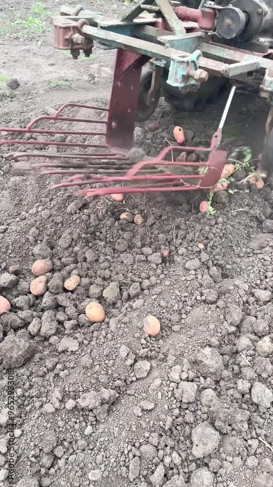 farmer harvesting potatoes, digging up potatoes, mechanized harvesting of potatoes is carried out with the help of tractor with attachment, industry, agriculture, agronom farmer harvesting potatoes, digging up potatoes, mechanized harvesting of potatoes is carried out with the help of tractor with attachment, industry, agriculture, agronom