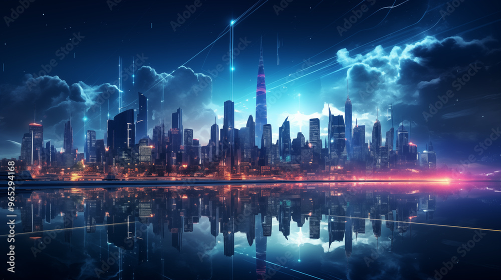 Abstract futuristic city skyline with glowing hologram buildings on a dark blue background Abstract futuristic city skyline with glowing hologram buildings on a dark blue background