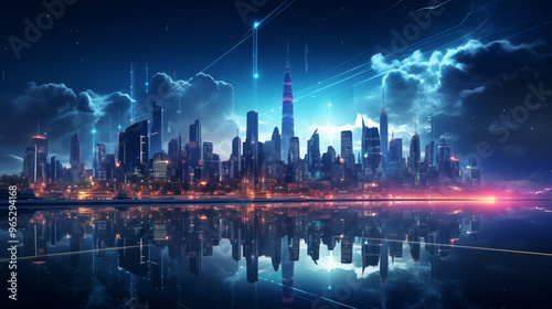 Abstract futuristic city skyline with glowing hologram buildings on a dark blue background