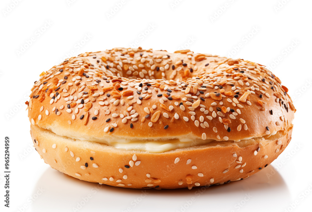 Bagel isolated on a white background. Fresh baked buttery bagel with sesame seeds Bagel isolated on a white background. Fresh baked buttery bagel with sesame seeds