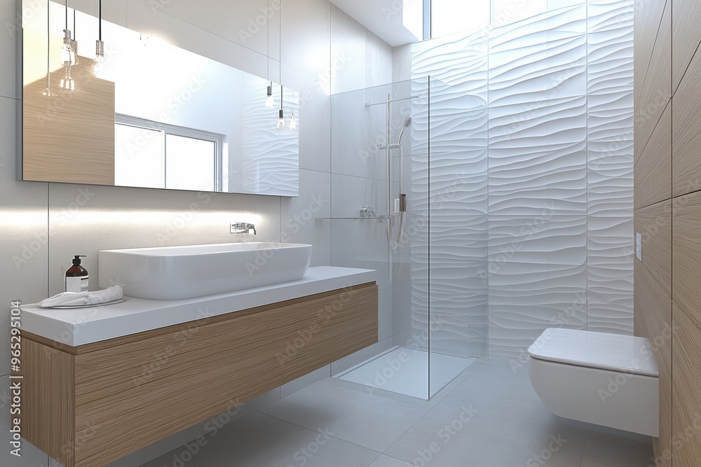 Modern bathroom with wood vanity and white tile walls. Modern bathroom with wood vanity and white tile walls.