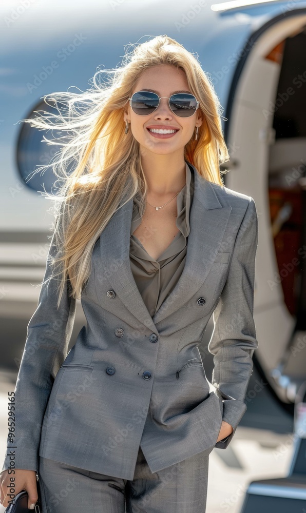 A businesswoman in a gray suit and sunglasses smiles at the camera. AI. A businesswoman in a gray suit and sunglasses smiles at the camera. AI.