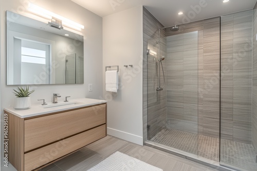 Modern Bathroom with Walk-in Shower and Wood Vanity.