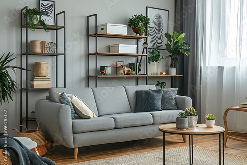 Mid-century modern five-tier bookshelf with rustic solid wood and black steel frame, featuring two white boxes, near a gray sofa in a living room with coffee table and home decor. photo