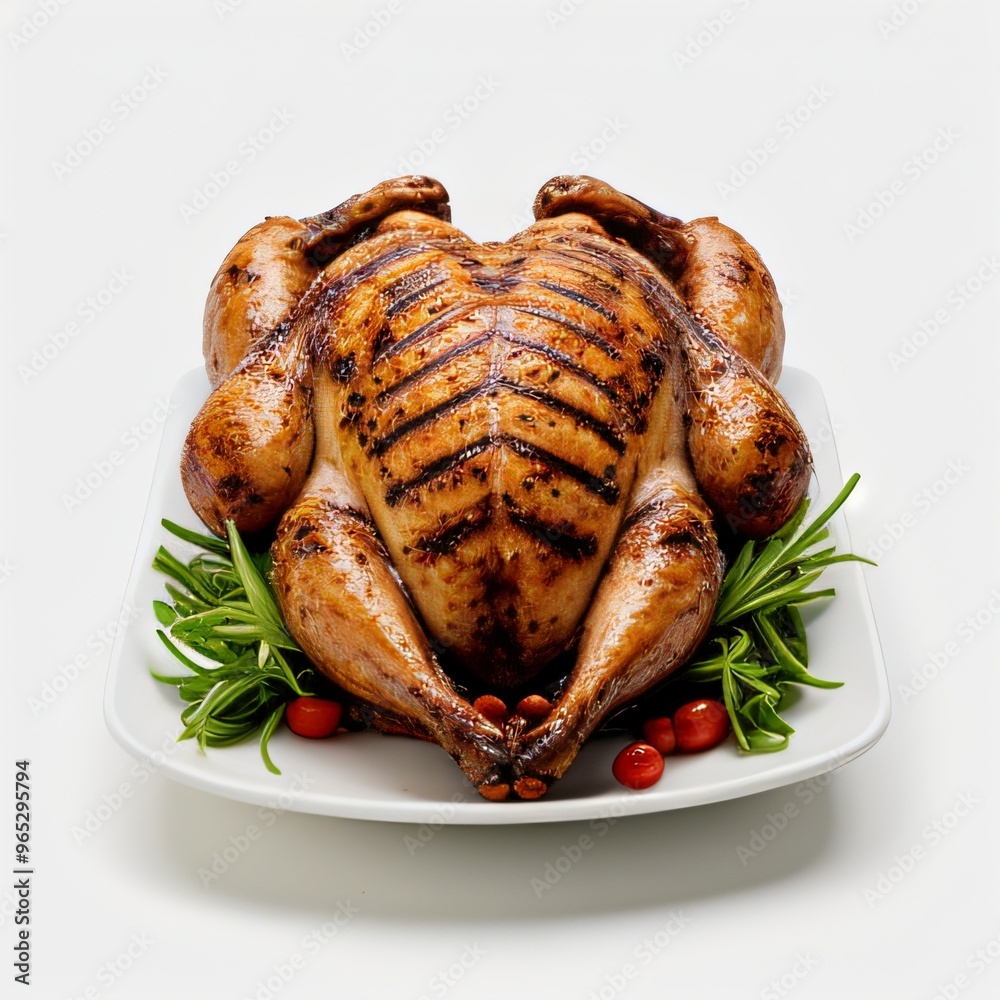 Grilled whole chicken with garnish on white plate.. Grilled whole chicken with garnish on white plate..