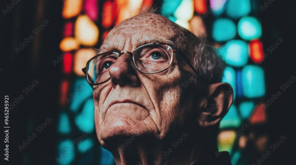 An elderly man sits quietly in a church, contemplating as colorful stained glass patterns illuminate his face in serene light An elderly man sits quietly in a church, contemplating as colorful stained glass patterns illuminate his face in serene light