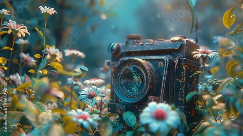 Photo Vintage Camera in Flowers and Plants Background

 photo