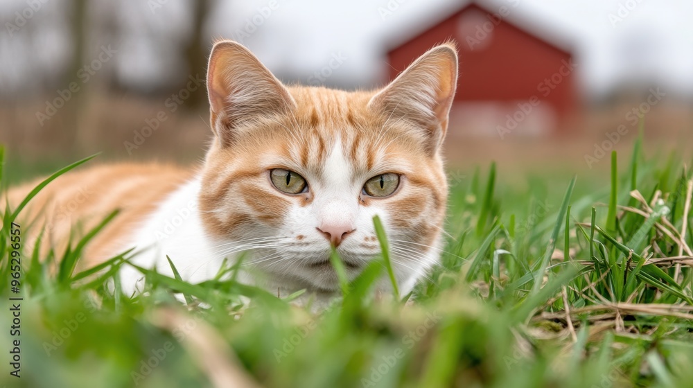 A ginger cat peacefully relaxes in vibrant green grass with a charming red barn in the background on a serene farm A ginger cat peacefully relaxes in vibrant green grass with a charming red barn in the background on a serene farm