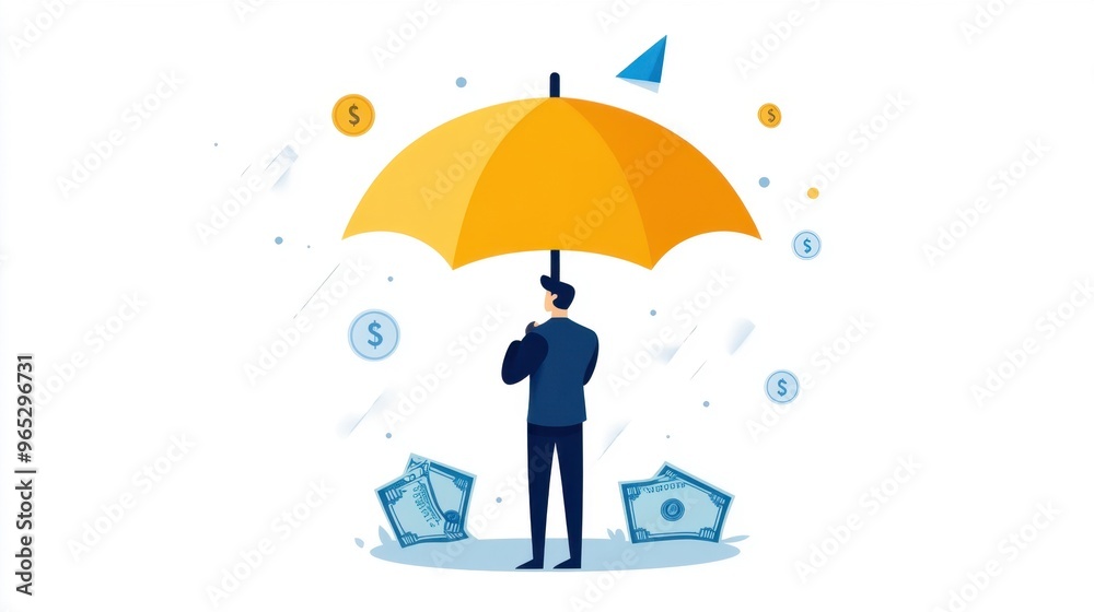 Financial security on payday, person holding umbrella over cash Financial security on payday, person holding umbrella over cash