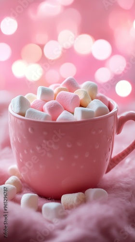 Pink cup filled with pastel marshmallows on soft pink background, sweet treat concept