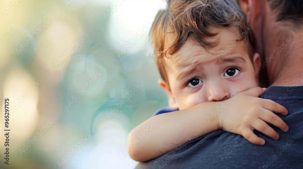 A father comforts his crying child in a warm embrace, showcasing a tender moment of reassurance amidst a blurred background A father comforts his crying child in a warm embrace, showcasing a tender moment of reassurance amidst a blurred background