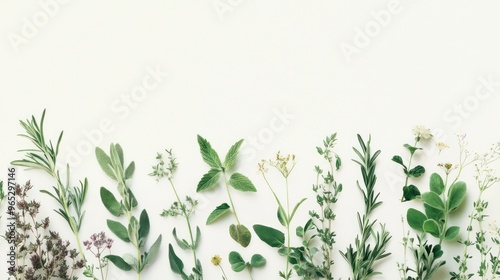 Wallpaper Mural Green Herbs and Flowers Arranged on White Background Torontodigital.ca