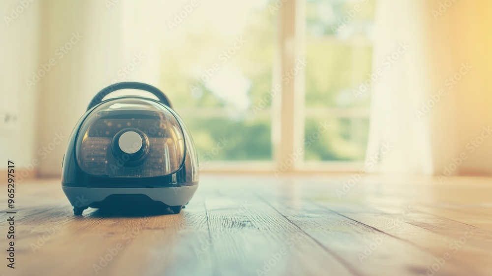 Fototapeta premium A modern vacuum cleaner rests on wooden floors in a sunlit room, showcasing an efficient cleaning solution for home use