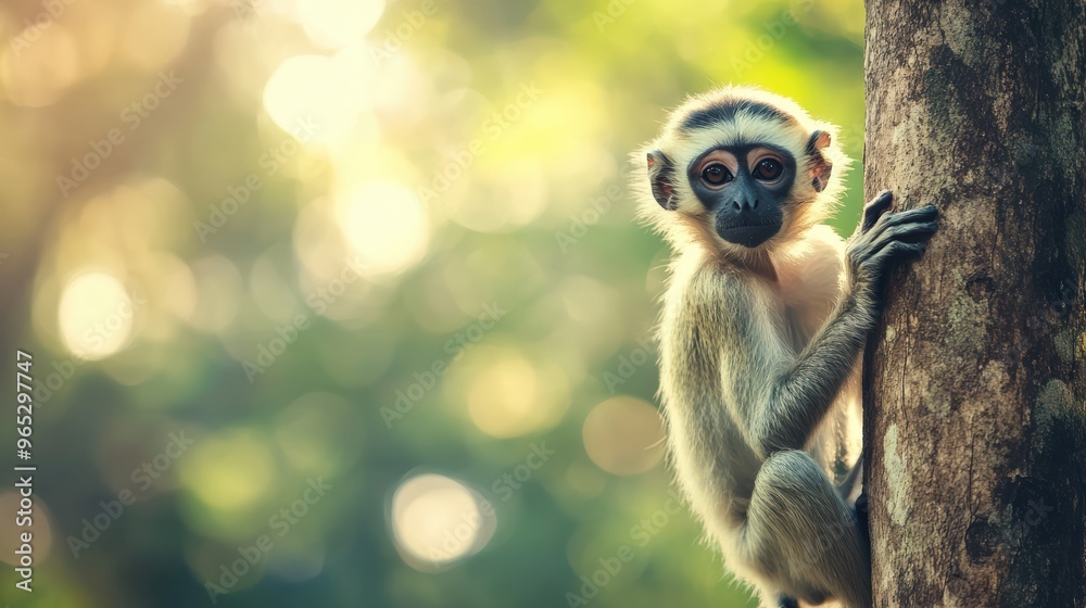 Obraz premium Young Monkey Looking at Camera While Climbing Tree.