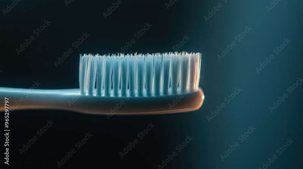 A toothbrush is shown in a close up with the bristles visible A toothbrush is shown in a close up with the bristles visible